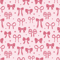 Pink bows and ribbons seamless pattern, Valentines design background, coquette core, handdrawn vector illustration