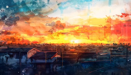 Pastel-Colored Watercolor of City Rooftop View at Sunset