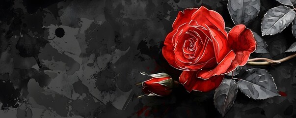 Elegant Watercolor Cartoon of Red Rose on Black Background