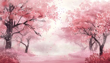 Dreamy Watercolor Scene of Sakura Canopy in Pink Blossoms