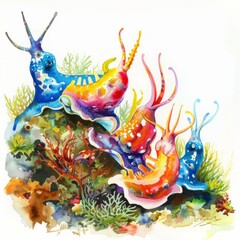 Watercolor painting of a group of colorful sea slugs gliding gracefully along a coral reef, on isolated white background, Generative AI