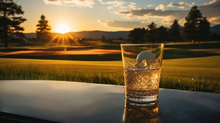 White golf ball in the glass of whiskey cocktail, Enjoy the view with a refreshing drink in hand. The perfect way to end a day on the golf course. - Powered by Adobe