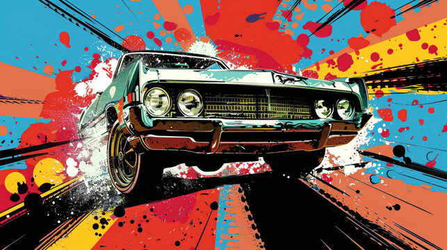 Colourfull wallpaper of vintage and super cars with neon colourful background.