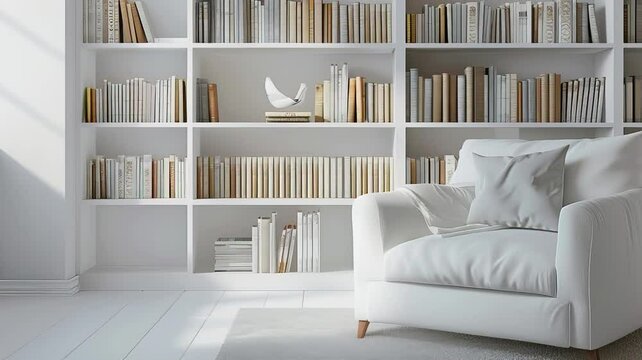 Interior of study room with white sofa, green plants, and bookshelf. Minimalist modern room, cozy place to study and relax.