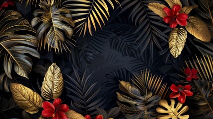 This beautiful botanical round frame design features golden tropical jungle palm leaves, exotic red flowers, and a wreath of tropical black and gold leaves on a dark background modern poster