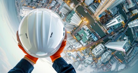 Rear view of a Engineer with safety helmet on top of a building. City background with buildings and skyscrapers.