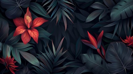 On dark background, tropical leaves and exotic red flowers are presented in a stunning botanical design. The inscription is made in gold and depicts a jungle plant in the tropics.