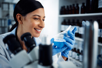 Happy woman, beaker or scientist in lab for science innovation, life expectancy or antiaging...