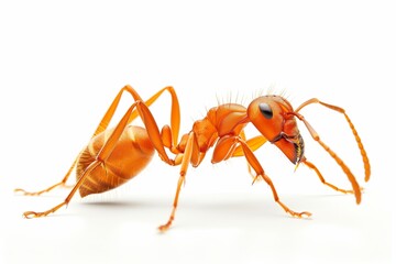Detailed macro image of an orange ant isolated on a white backdrop, showcasing intricate textures...