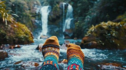 Playful display of feet wearing colorful socks, a gentle waterfall and campsite in the soothing background, relaxed and raw style