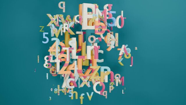 Loop 3d animation of an array of letters and numbers that appear and disappear. A set of letters of the alphabet and numbers on a blue background.