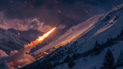 Night-time at a secluded mountain base, a hypersonic missile ascends with a trail of intense fire and smoke, a stark image of advanced military might