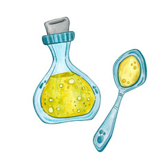 Composition from a glass bottle with oil and a spoon. Hand drawn watercolor illustration. Glass, container, bottle, oil, spoon, storage, kitchen