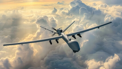 Unmanned aerial vehicle in flight among sunlit clouds.