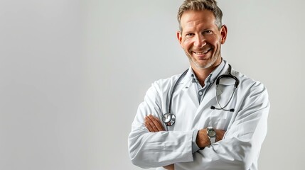 Smiling doctor folded arms white background UHD wallpaper