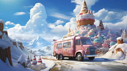 Envision an ice cream truck navigating a treacherous rocky road. The driver wears a chef's hat and wields a scoop like a sword.