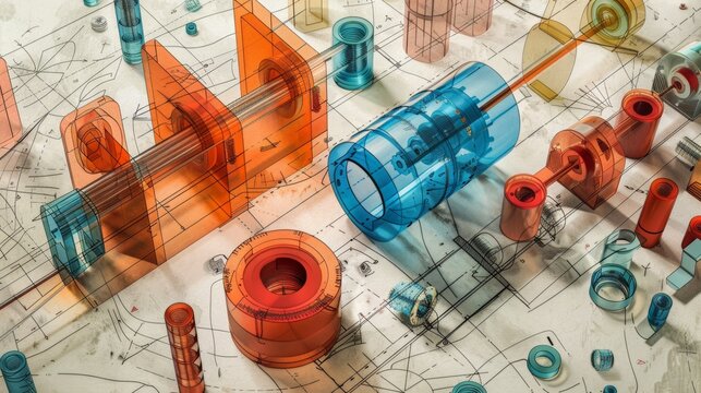 Technical engineering drawing with 3D printed prototypes of mechanical parts in red and blue, showcasing design and innovation.