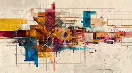 Abstract geometric artwork with vivid colors and lines, portraying a complex, dynamic composition on a textured background.
