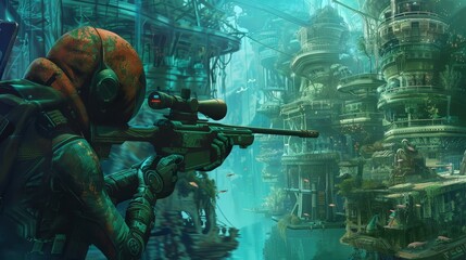 Fototapeta premium Futuristic sniper in decaying urban ruins: An armed figure surveys a lush, overgrown cityscape from a high vantage point
