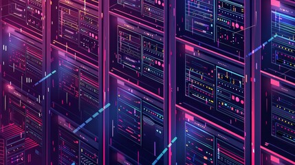Naklejka premium Stylized illustration of a futuristic server room in an isometric view, showcasing high-tech data centers with vibrant neon lights and advanced digital infrastructure