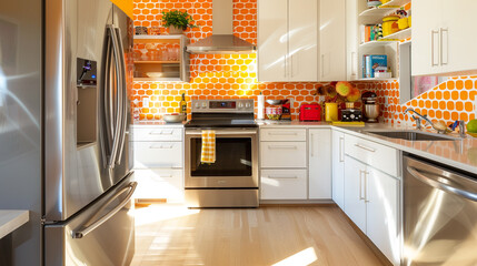 Lively kitchen adorned with orange and yellow wallpaper, white cupboards, and metallic appliances.