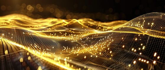 sleek gold tech abstract, flowing lines and intricate digital designs - obrazy, fototapety, plakaty