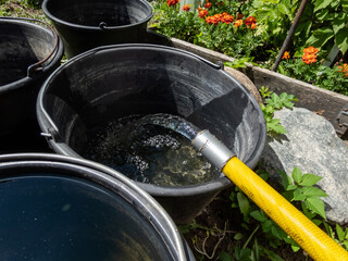 View of empty plastic buckets filling up with water pouring from a plastic hose in the garden in...