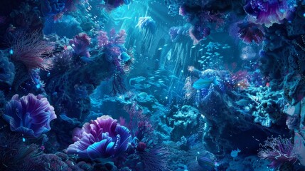 Obraz premium Exotic deep sea exploration showcasing vibrant coral reefs and marine life in a fantastical underwater setting, rich in colors and details