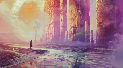 Surreal landscape featuring a lone figure against giant monolithic structures under a large celestial body, invoking a mystical sci-fi theme