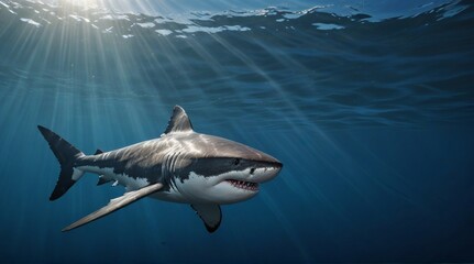 Fototapeta premium A great white shark in blue sea, digital art . 