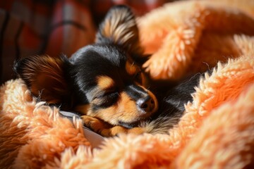 Cute black and tan puppy enjoys a peaceful sleep wrapped in a soft, fluffy blanket
