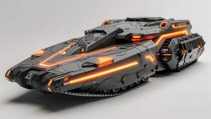 Fototapeta premium Highlight the armored tank's futuristic design elements against the simplicity of the white background, creating a captivating visual contrast.