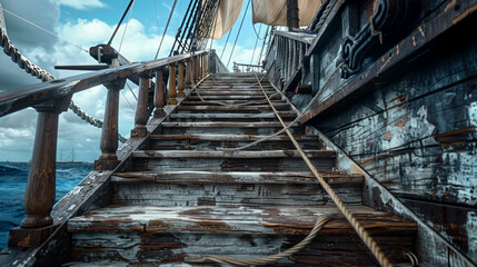 On a pirate ship, the weathered staircase bears the wear of time and the ocean's breeze.