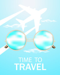 Time to travel.Background with sunglasses, airplane. Vector illustration.
