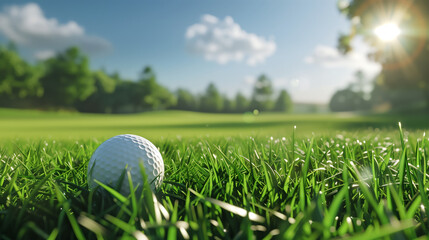 golfplatz mit golfball im grün mit sonne
