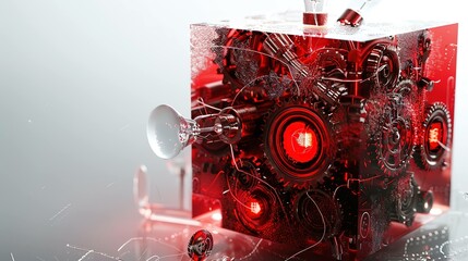 A red techno cube with gears wires and bulb UHD wallpaper
