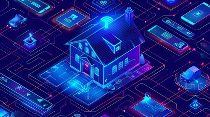 Internet of things, smart home isometric web banner. Computer display with interface and camera, smart house equipment and services for home control, modern illustration, line art landing page.