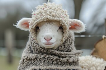 Gleeful Baby sheep portrait dressed. Nature mammal. Generate Ai