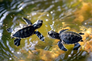 Two juvenile turtles gracefully swim in a sun-dappled pond, captured in a serene natural setting