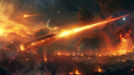 A large spaceship is on a collision course with a planet. The ship is on fire. The planet is exploding.