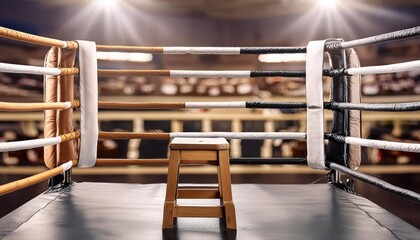 An empty stool inside the ring with no people in the gym. Place for boxing, wrestling, 