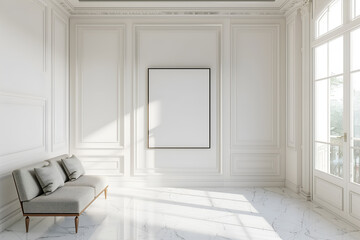 Large blank white painting on the wall in a minimalist room. Interior design visualization