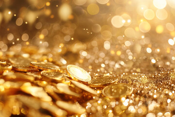 Luxurious abstract background, featuring shimmering golden coins with soft bokeh lights