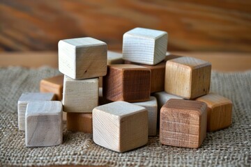 Arrangement of natural wooden cubes scattered on a burlap surface