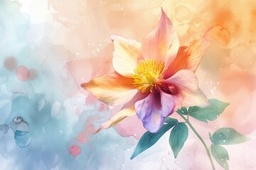 Delicate and whimsical, a Columbine flower dances on the canvas in watercolor, its slender stems adorned with vibrant blossoms, a symbol of grace and freedom.