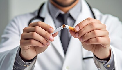 doctor breaks a cigarette, rejection of tobacco, stop smoking 