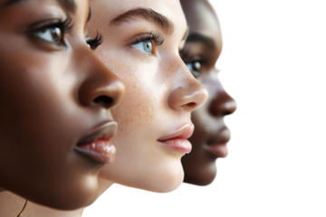 Diversity concept. Banner of half face woman, african and caucasian females on isolated transparent background