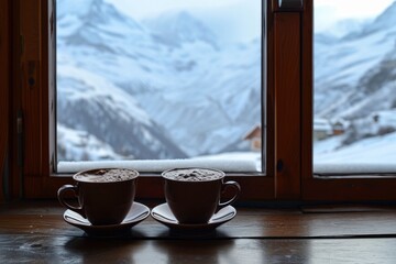 cups of chocolate beside a window with mountain view. generative ai