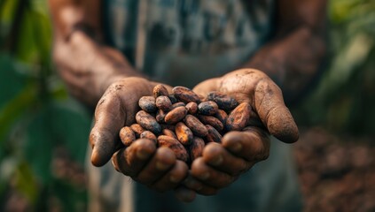 man holds a handful of cocoa beans. generative ai