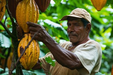 man in a cocoa plantation picking a chocolate sample. generative ai - Powered by Adobe